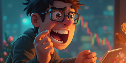 An animated character with glasses and brown hair looks shocked while staring at a tablet, clearly hodl'ing through the chaos. The background shows a declining stock chart, indicating a steep drop in value. The character's mouth is open wide in surprise, and hands are raised towards the screen.