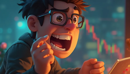 An animated character with glasses and brown hair looks shocked while staring at a tablet, clearly hodl'ing through the chaos. The background shows a declining stock chart, indicating a steep drop in value. The character's mouth is open wide in surprise, and hands are raised towards the screen.