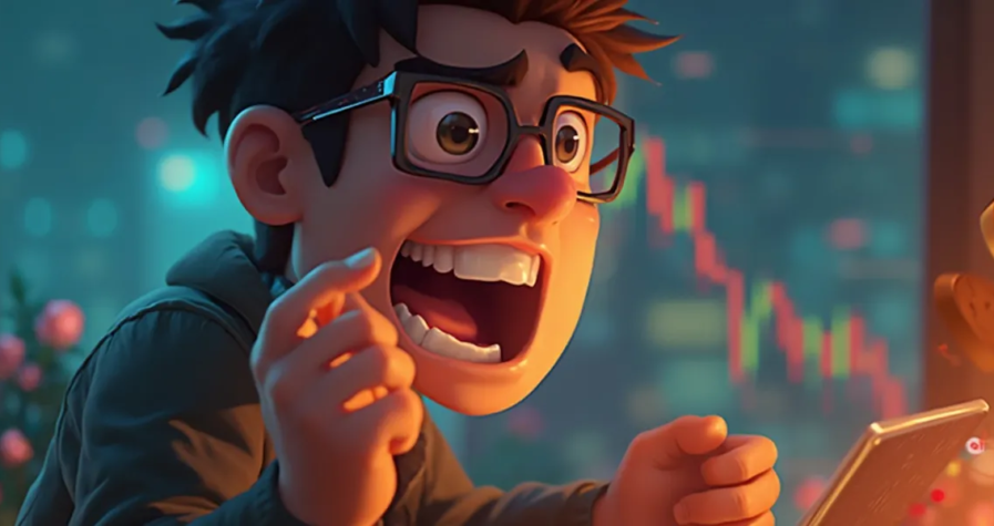 An animated character with glasses and brown hair looks shocked while staring at a tablet, clearly hodl'ing through the chaos. The background shows a declining stock chart, indicating a steep drop in value. The character's mouth is open wide in surprise, and hands are raised towards the screen.