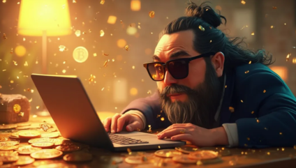 A person with long hair and a beard, wearing sunglasses, sits at a table covered in golden coins, typing on a laptop. A soft, warm light illuminates the scene, creating an ambiance of wealth and mystery. Bitcoin symbols are present.