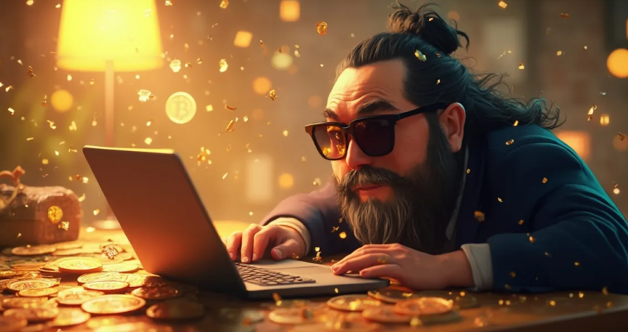 A person with long hair and a beard, wearing sunglasses, sits at a table covered in golden coins, typing on a laptop. A soft, warm light illuminates the scene, creating an ambiance of wealth and mystery. Bitcoin symbols are present.