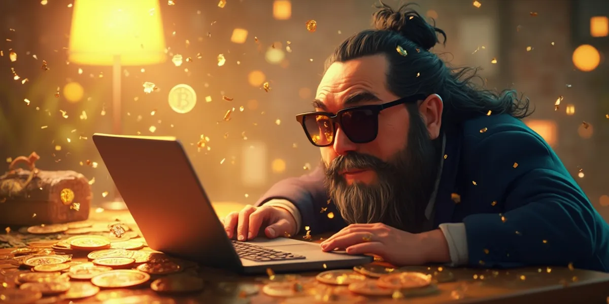 A person with long hair and a beard, wearing sunglasses, sits at a table covered in golden coins, typing on a laptop. A soft, warm light illuminates the scene, creating an ambiance of wealth and mystery. Bitcoin symbols are present.