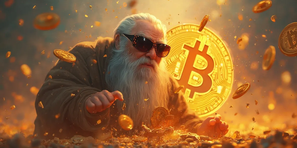 An elderly man with a long white beard and sunglasses is surrounded by falling gold cryptocurrency coins with a bitcoin symbol. He appears to be grabbing coins amidst a glowing, surreal background.