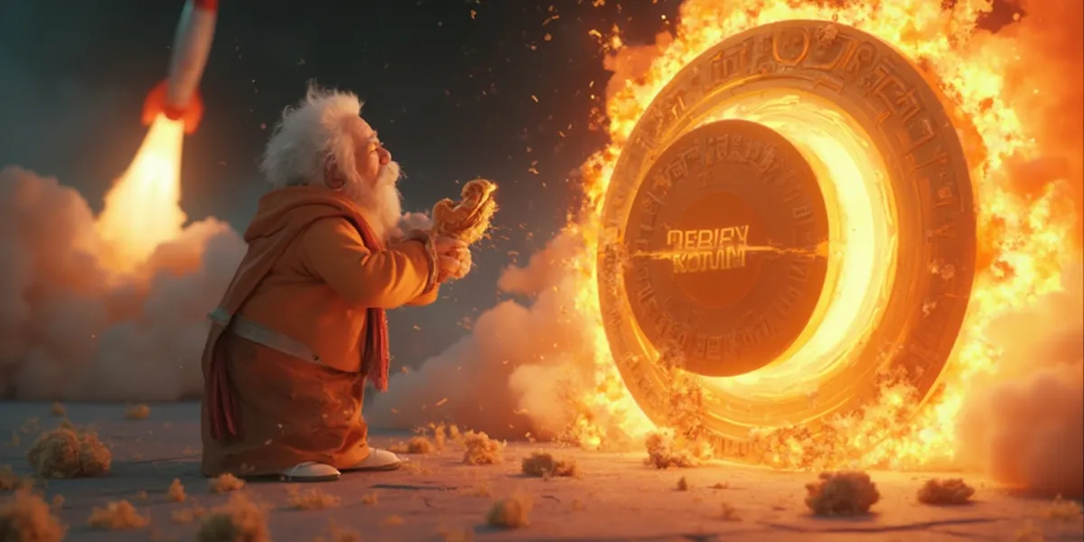 A small, elderly figure with white hair and a beard, dressed in an orange robe, stands in front of a large, flaming circular portal with mysterious symbols. The figure, reminiscent of satoshi nakamoto, is holding a glowing object and appears to be performing a ritual or activation.