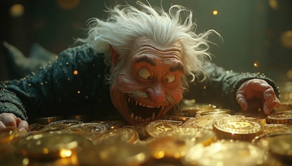 An animated character with wild white hair and a joyful expression clutches a pile of large gold coins, appearing eager and excited. Sparkles fill the air around him, emphasizing the wealth and treasure, reminiscent of satoshi nakamoto's legendary fortune.