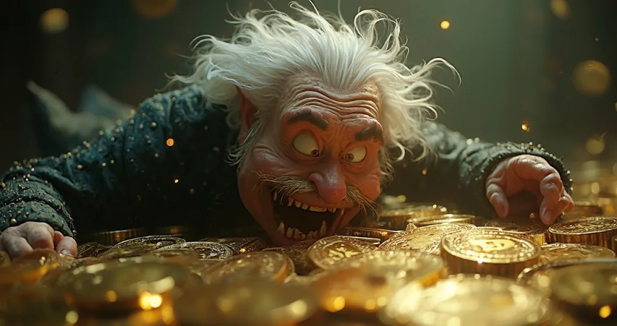 An animated character with wild white hair and a joyful expression clutches a pile of large gold coins, appearing eager and excited. Sparkles fill the air around him, emphasizing the wealth and treasure, reminiscent of satoshi nakamoto's legendary fortune.