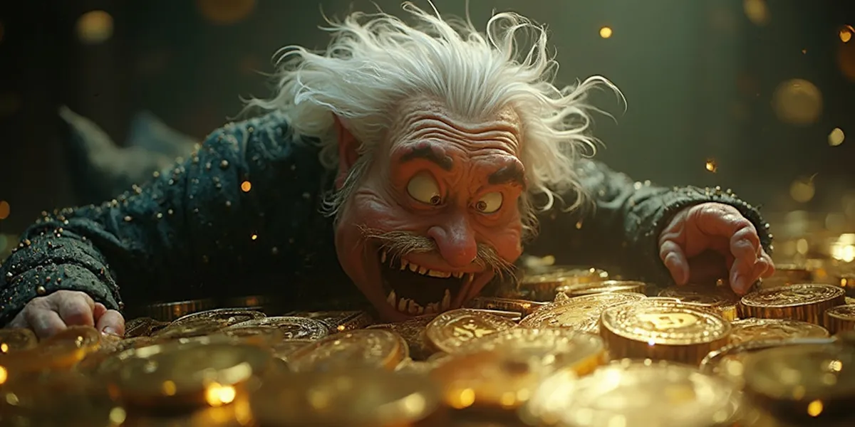 An animated character with wild white hair and a joyful expression clutches a pile of large gold coins, appearing eager and excited. Sparkles fill the air around him, emphasizing the wealth and treasure, reminiscent of satoshi nakamoto's legendary fortune.