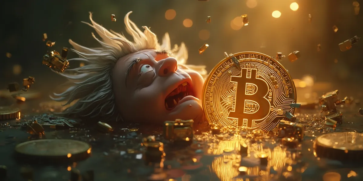 A stylized, animated scene featuring a wide-eyed, frenzied character with wild hair, surrounded by glowing digital coins. The character appears to be clutching a large bitcoin, amidst rain and sparkles of smaller coins in a dramatic, golden-hued light.