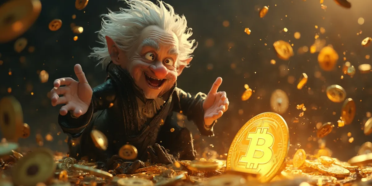 A delighted, animated gnome with wild white hair and pointed ears excitedly gestures towards a large glowing bitcoin surrounded by a shower of golden coins. The scene is vibrant and whimsical, with rich golden hues highlighting the gnome and coins.