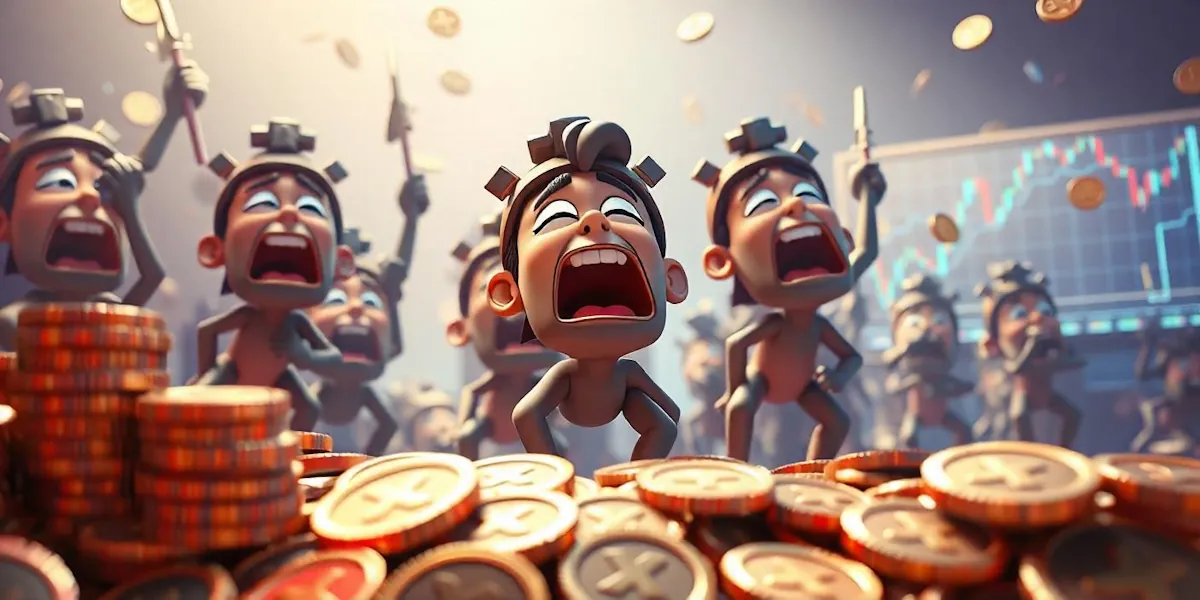 An animated scene features excited characters with coins. The background showcases a digital chart with upward trends. The characters appear to be celebrating or reacting enthusiastically in a lively, futuristic environment infused with the essence of finance.