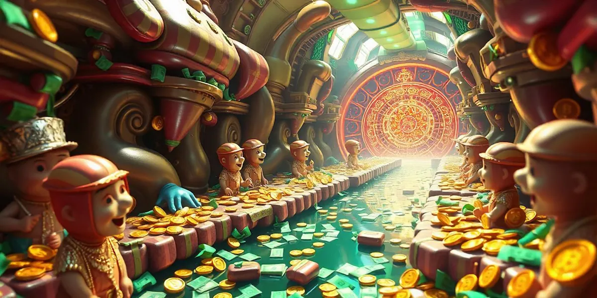 A vibrant, whimsical scene of an underground vault with a river of banknotes and coins. Cartoonish characters line both sides, engaged in various activities, surrounded by piles of gold and currency. The glowing, ornate doorway at the end suggests a treasure-filled chamber.