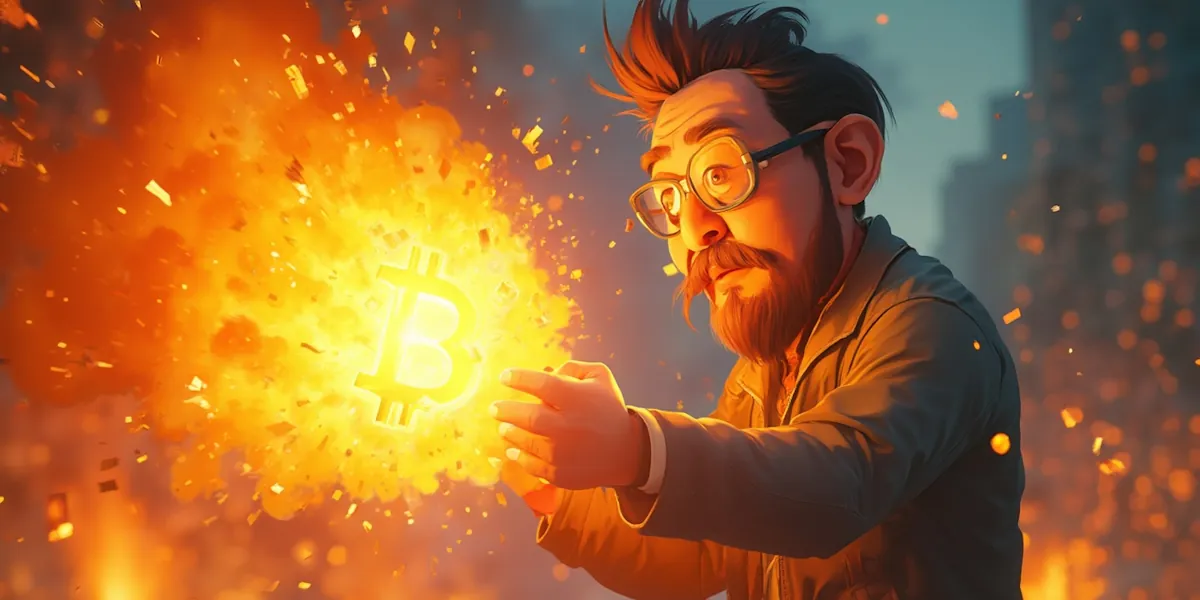 Satoshi nakamoto with glasses and exaggerated hair examines a glowing, fiery bitcoin symbol with an expression of fascination. The background is out of focus, suggesting a city scene blurred by the bright light of the bitcoin.