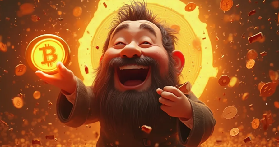 A cheerful animated man with a beard and a big smile is holding a bright bitcoin coin, surrounded by floating bitcoin coins and a glowing golden aura. The scene, reminiscent of popular memes, creates a vibrant and excited atmosphere.