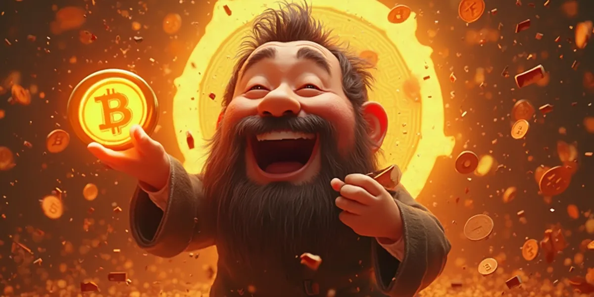 A cheerful animated man with a beard and a big smile is holding a bright bitcoin coin, surrounded by floating bitcoin coins and a glowing golden aura. The scene, reminiscent of popular memes, creates a vibrant and excited atmosphere.