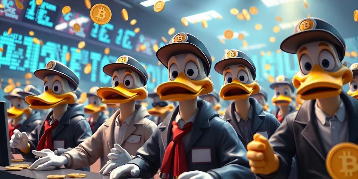 A group of cartoon ducks dressed in business suits and ties are seated at desks in a bustling stock exchange. Bitcoin symbols are scattered in the air, highlighting a focus on cryptocurrency. The backdrop is filled with digital screens displaying financial data.