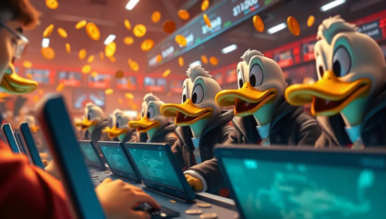 A group of anthropomorphic ducks in business attire excitedly work on computers inside a bustling stock market environment. Coins are seen flying through the air, adding to the chaotic yet energetic atmosphere reminiscent of "charlie and the token factory.