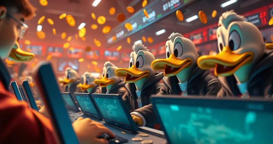 A group of anthropomorphic ducks in business attire excitedly work on computers inside a bustling stock market environment. Coins are seen flying through the air, adding to the chaotic yet energetic atmosphere reminiscent of "charlie and the token factory.