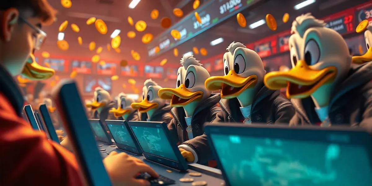 A group of anthropomorphic ducks in business attire excitedly work on computers inside a bustling stock market environment. Coins are seen flying through the air, adding to the chaotic yet energetic atmosphere reminiscent of "charlie and the token factory.