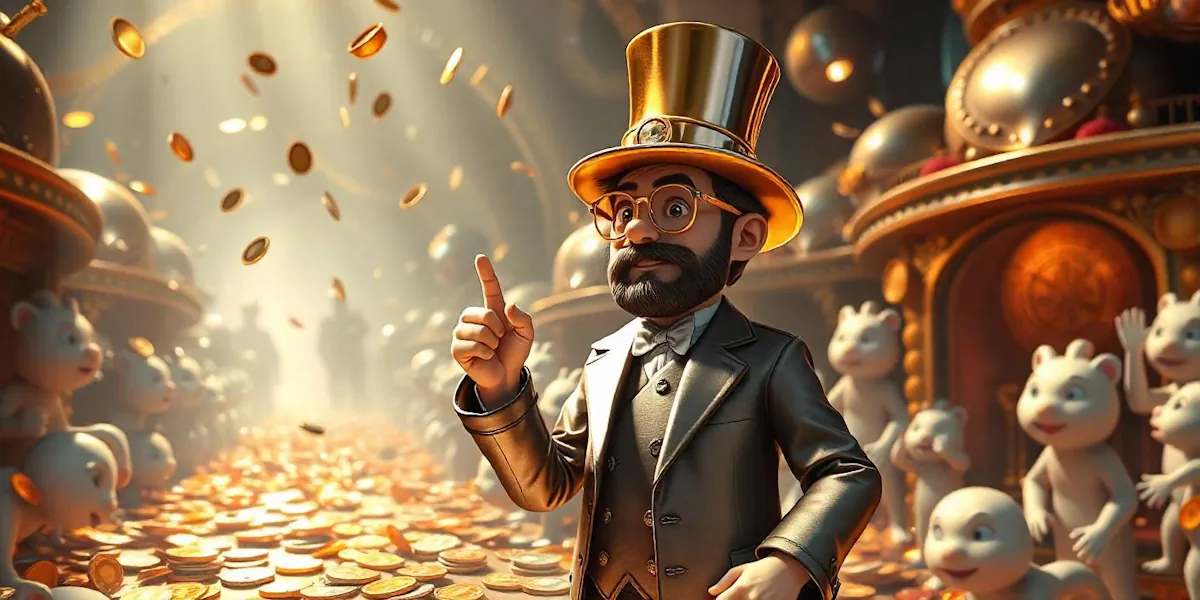 Willy wonka with a top hat and glasses stands in a lavish room filled with gold coins and mechanical gears. He gestures with one finger raised, and white mice surrounding him seem to be part of the whimsical scene.