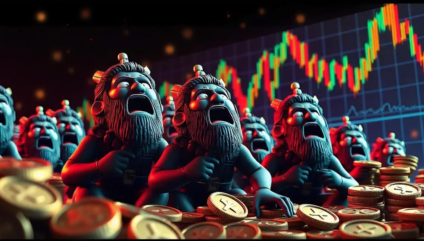 A group of animated, bearded figures look shocked and distressed while standing amidst a pile of coins. In the background is a fluctuating stock market graph with steep red and green lines, highlighting the xrp logo. The scene conveys financial panic or a market crash.