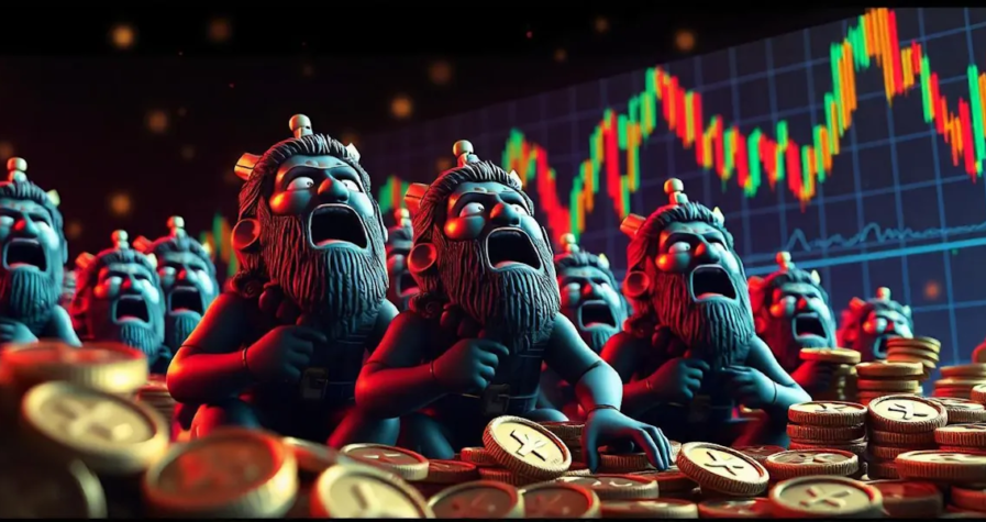 A group of animated, bearded figures look shocked and distressed while standing amidst a pile of coins. In the background is a fluctuating stock market graph with steep red and green lines, highlighting the xrp logo. The scene conveys financial panic or a market crash.