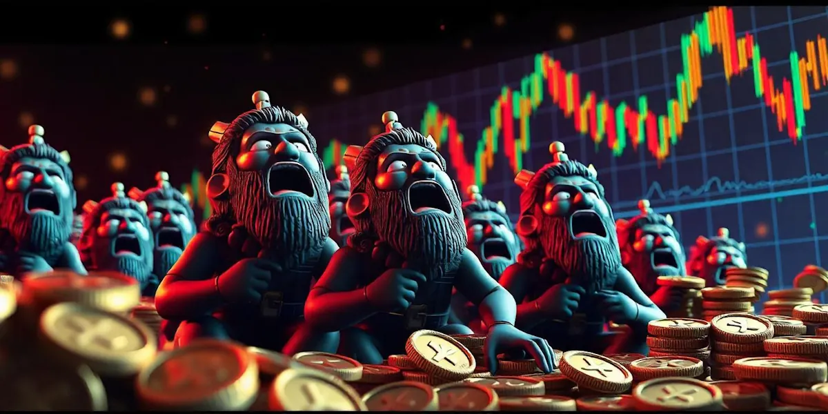 A group of animated, bearded figures look shocked and distressed while standing amidst a pile of coins. In the background is a fluctuating stock market graph with steep red and green lines, highlighting the xrp logo. The scene conveys financial panic or a market crash.