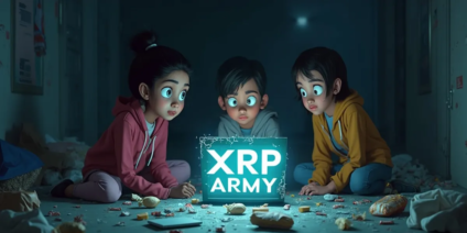 In a dimly lit room, three animated children with wide eyes gather around a glowing sign that reads "xrp army," appearing absorbed and curious. Scattered snacks and papers surround them, capturing the essence of youthful intrigue and discovery in the mysterious enclave of crypto enthusiasts.