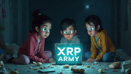 In a dimly lit room, three animated children with wide eyes gather around a glowing sign that reads "xrp army," appearing absorbed and curious. Scattered snacks and papers surround them, capturing the essence of youthful intrigue and discovery in the mysterious enclave of crypto enthusiasts.