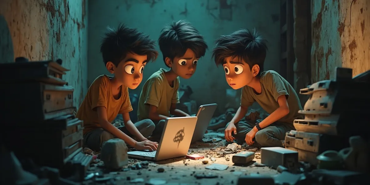 Three animated boys with spiky hair sit on a rough floor in a dimly lit room, intently looking at a laptop. Debris and stacks of books surround them, casting soft shadows in the warm glow of the screen.