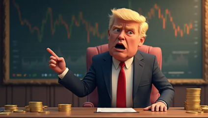 A cartoonish character resembling a businessman sits at a desk with a finger pointed, surrounded by stacks of coins. A stock market graph is visible on the wall behind him, and an american flag stands in the background, hinting he's rallying the xrp army to join his financial crusade.