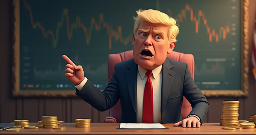 A cartoonish character resembling a businessman sits at a desk with a finger pointed, surrounded by stacks of coins. A stock market graph is visible on the wall behind him, and an american flag stands in the background, hinting he's rallying the xrp army to join his financial crusade.