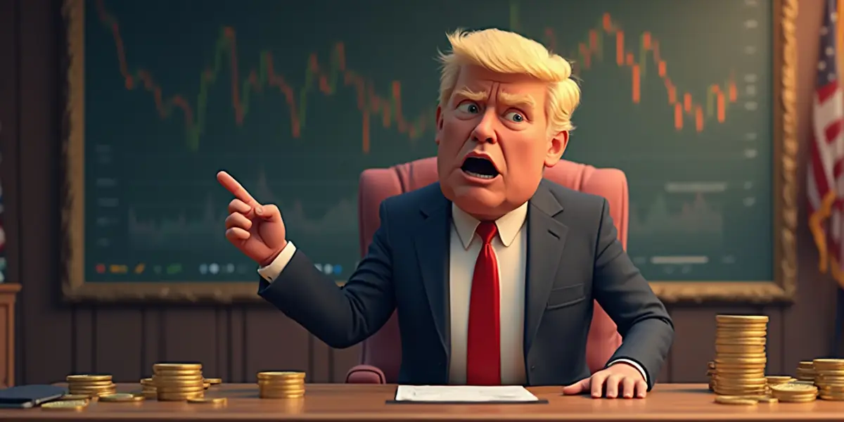 A cartoonish character resembling a businessman sits at a desk with a finger pointed, surrounded by stacks of coins. A stock market graph is visible on the wall behind him, and an american flag stands in the background, hinting he's rallying the xrp army to join his financial crusade.